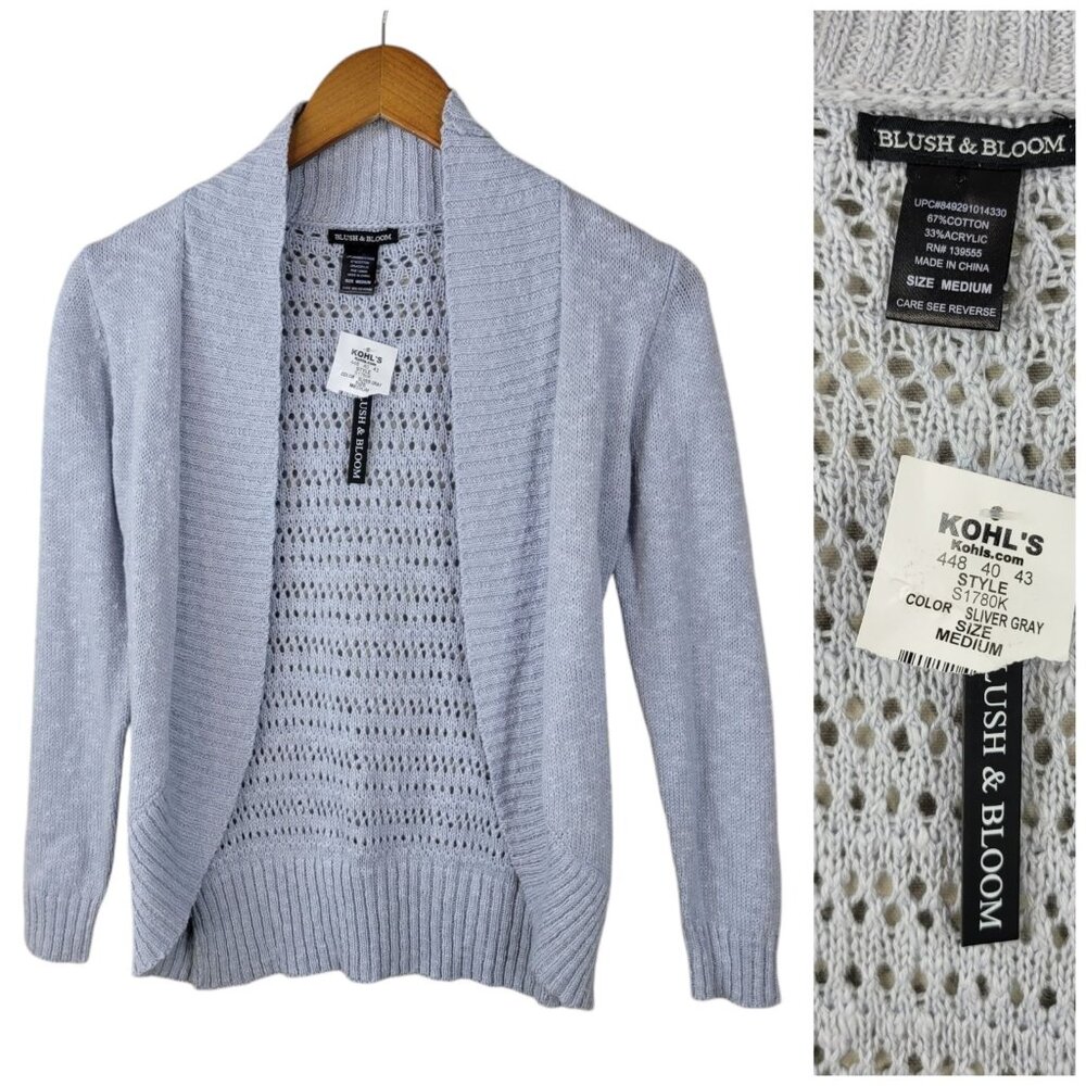 NEW Blush Bloom Medium Cardigan Sweater Lightweight Open Front Gray 3/4 Sleeve